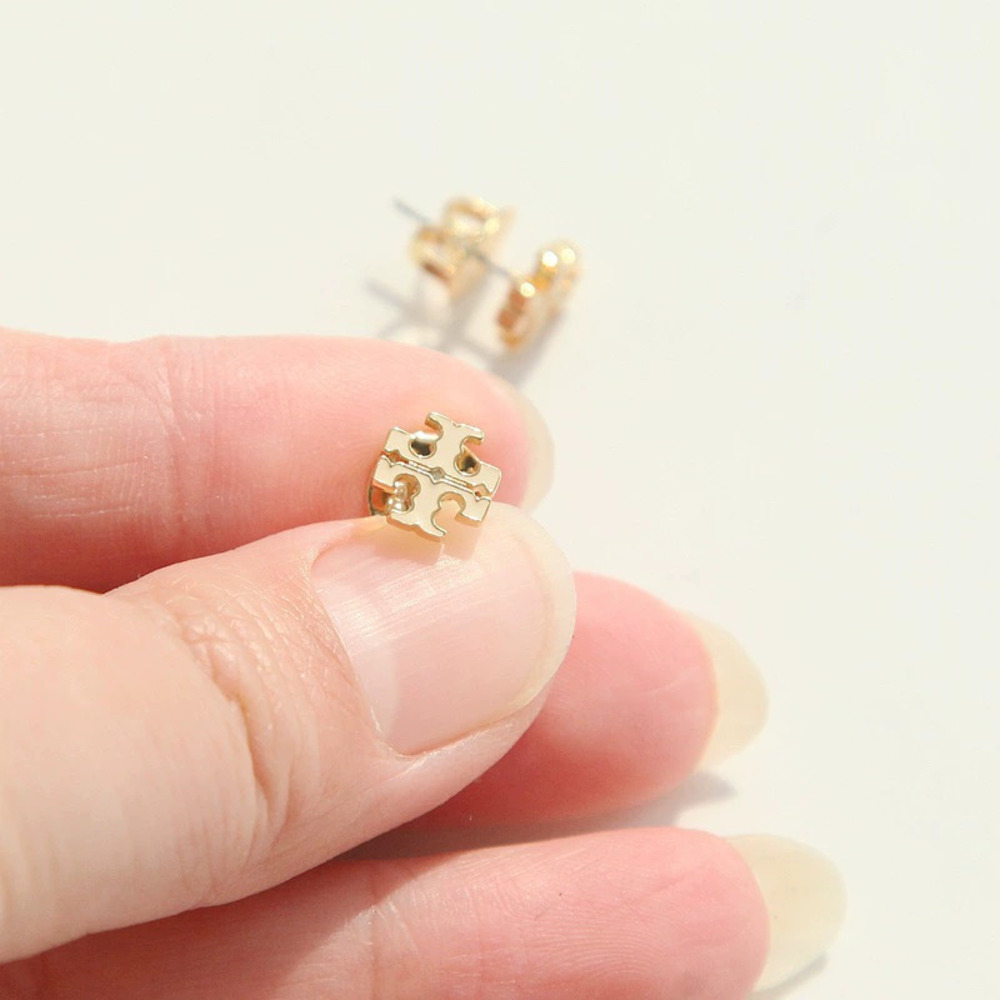 Tory Burch Ivory White Enamel Double Stud Earrings Small Logo